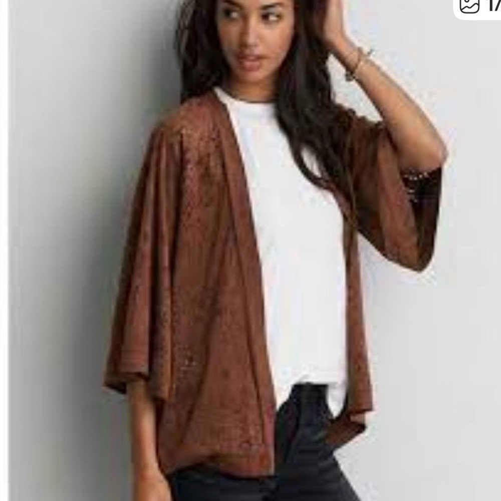 American Eagle Brown Vegan Suede Open Front Laser Cutout Cardigan Sz XS-S